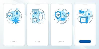 Medical waste treatment benefits blue onboarding mobile app screen. Walkthrough 4 steps editable graphic instructions with linear concepts. UI, UX, GUI vector