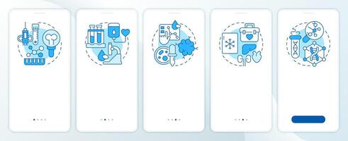 Types of biobanks blue onboarding mobile app screen. Biorepository. Walkthrough 5 steps editable graphic instructions with linear concepts. UI, UX, GUI vector