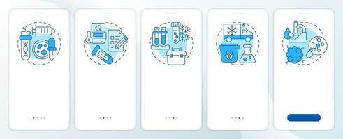 Specimen lifecycle blue onboarding mobile app screen. Biobanks research. Walkthrough 5 steps editable graphic instructions with linear concepts. UI, UX, GUI vector