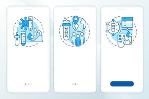 Biobanks classification blue onboarding mobile app screen. Bio specimens. Walkthrough 3 steps editable graphic instructions with linear concepts. UI, UX, GUI vector