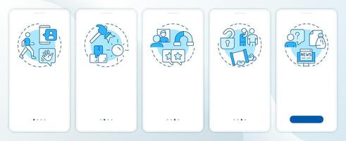 Social communication blue onboarding mobile app screen. Friendship, news. Walkthrough 5 steps editable graphic instructions with linear concepts. UI, UX, GUI vector