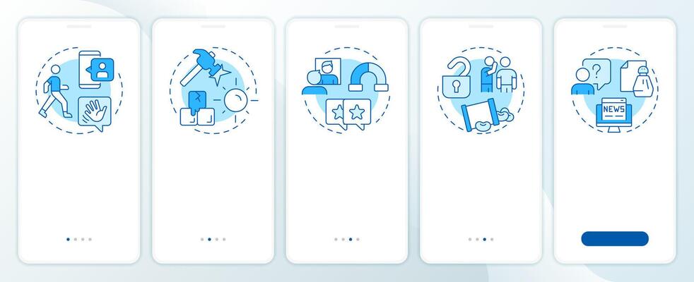 Social communication blue onboarding mobile app screen. Friendship, news. Walkthrough 5 steps editable graphic instructions with linear concepts. UI, UX, GUI