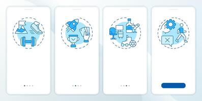 Success wisdom blue onboarding mobile app screen. Work, action. Walkthrough 4 steps editable graphic instructions with linear concepts. UI, UX, GUI vector