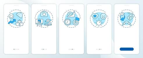 Personal resilience blue onboarding mobile app screen. Success, positivity. Walkthrough 5 steps editable graphic instructions with linear concepts. UI, UX, GUI vector