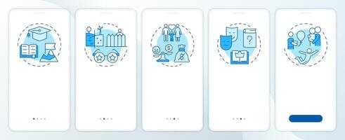 Life wisdom blue onboarding mobile app screen. Relationships, knowledge. Walkthrough 5 steps editable graphic instructions with linear concepts. UI, UX, GUI vector