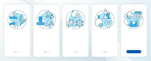 Life challenges blue onboarding mobile app screen. Lifestyle, work. Walkthrough 5 steps editable graphic instructions with linear concepts. UI, UX, GUI vector