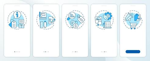 Product data sheet blue onboarding mobile app screen. PIM system. Walkthrough 5 steps editable graphic instructions with linear concepts. UI, UX, GUI vector
