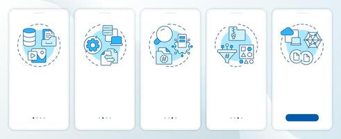 Features of PIM blue onboarding mobile app screen. Product info management. Walkthrough 5 steps editable graphic instructions with linear concepts. UI, UX, GUI vector