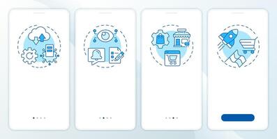 Benefits of using PIM system blue onboarding mobile app screen. E commerce. Walkthrough 4 steps editable graphic instructions with linear concepts. UI, UX, GUI vector