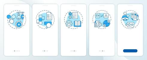 Key product information blue onboarding mobile app screen. PIM system. Walkthrough 5 steps editable graphic instructions with linear concepts. UI, UX, GUI vector