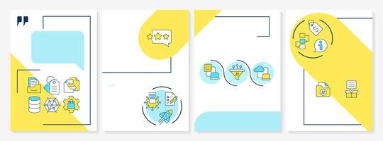 Product information management blue and yellow brochure layout. Benefits, features and sheets. Leaflet advertising design with color line icons. Editable 4 pages vector