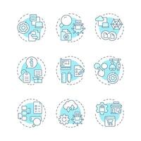 Product information management soft blue concept icons. Commercial data analyzing. Goods distribution strategy. Icon pack. Round shape illustrations for booklet. Abstract idea vector