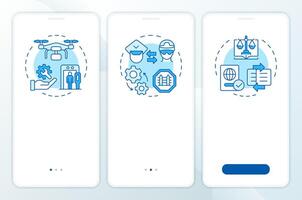 Areas of integration blue onboarding mobile app screen. IBM strategy. Walkthrough 3 steps editable graphic instructions with linear concepts. UI, UX, GUI vector