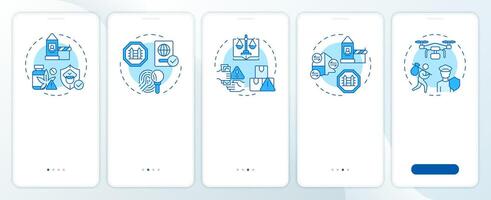 Goals of IBM blue onboarding mobile app screen. Border management. Walkthrough 5 steps editable graphic instructions with linear concepts. UI, UX, GUI vector