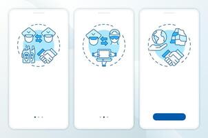 Levels of cooperation blue onboarding mobile app screen. IBM system. Walkthrough 3 steps editable graphic instructions with linear concepts. UI, UX, GUI vector
