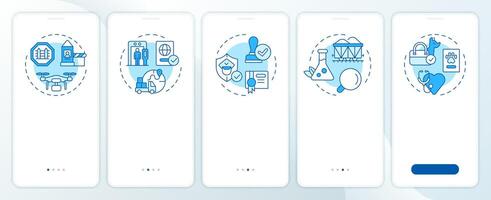 Integrated border management blue onboarding mobile app screen. Migration. Walkthrough 5 steps editable graphic instructions with linear concepts. UI, UX, GUI vector