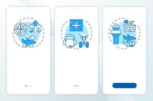 Airspace traffic control blue onboarding mobile app screen. Walkthrough 3 steps editable graphic instructions with linear concepts. UI, UX, GUI vector