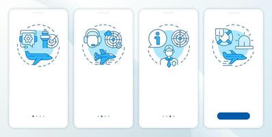 Flight services blue onboarding mobile app screen. Air traffic. Walkthrough 4 steps editable graphic instructions with linear concepts. UI, UX, GUI vector