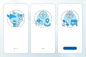 Aeronautical technology blue onboarding mobile app screen. Walkthrough 3 steps editable graphic instructions with linear concepts. UI, UX, GUI vector