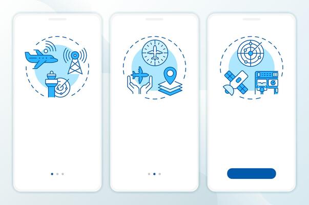 Aeronautical technology blue onboarding mobile app screen. Walkthrough 3 steps editable graphic instructions with linear concepts. UI, UX, GUI