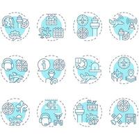 Air traffic management soft blue concept icons. Flight organization. Communication, navigation. Icon pack. Round shape illustrations for article, blog post. Abstract idea vector