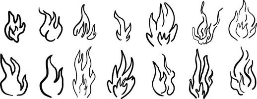 black and white fire set in hand drawn style vector