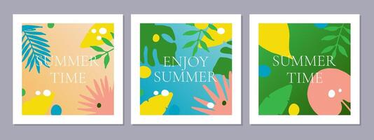 Summer time. Set of minimalistic cards with tropical leaves and text. vector
