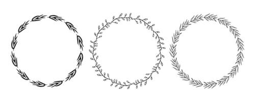 Set of black round frames made of plant branches. vector