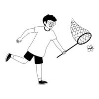 Young boy joyfully catching a butterfly with a net during a spring day in the garden vector