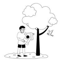 Child hangs birdhouse on tree while a bird flies nearby in a sunny park vector