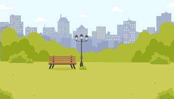 City park with green grass, a bench, and a lamp post surrounded by buildings in the distance vector