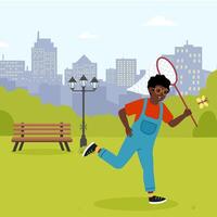 Child running in park with butterfly net and excitement in urban setting vector