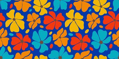 Seamless bright floral pattern with groovy flowers. For fabric, textiles, wrapping paper, covers, and banners. Playful charm spring flowers vector