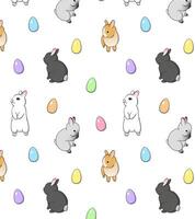 Easter holiday pattern design with cute little rabbits illustration and colored traditional eggs on white background vector