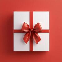 White gift box with red ribbon on red background photo