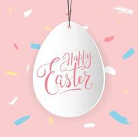 Happy Easter greeting card or banner design with handwritten lettering on paper white egg, on abstract pink background vector