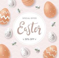 Easter sale banner elegant design with hand drawn lettering in circle and stylish brown ornate eggs, quail small eggs and little flowers on pale light background vector