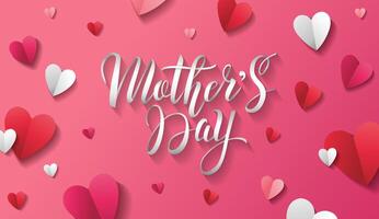 Mother's Day greeting card design with paper lettering and paper hearts on pink background vector