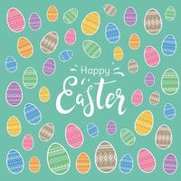 Happy Easter colorful greeting card or banner design with bright decorative easter eggs and hand drawn lettering on green background vector