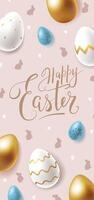 Happy Easter vertical banner or flyer design with shiny golden eggs and white eggs with golden ornament, and small blue decorative eggs with hand drawn lettering vector