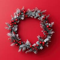 Christmas wreath on red background photo