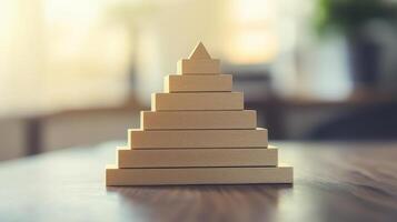 A wooden pyramid on a table with a blurry background photo