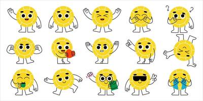 Set of cute yellow coin characters with various emotions and gestures. Gold money greeting, laughing, thinking, flexing, drinking. Perfect for stickers, animation, apps. Flat cartoon illustrations vector
