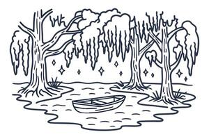 Swamp scene with boat and willow trees under starry night sky in line art illustration vector