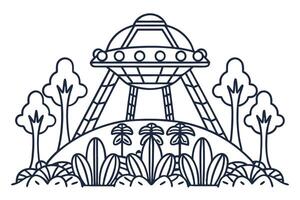 ufo landing in forest alien spaceship with trees, nature scene, extraterrestrial adventure vector