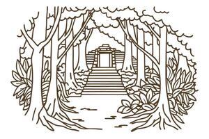 Ancient forest temple illustration surrounded by tall trees and dense foliage vector