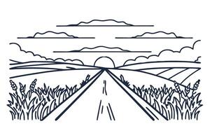 scenic countryside road at sunrise with wheat fields and cloudy skies in minimal line art vector