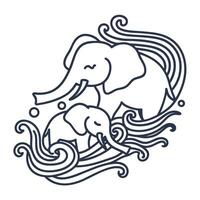 artistic elephant duo playing in stylized waves black and white line drawing, nature inspired design vector