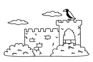 castle with crow perched on tower, surrounded by bushes and clouds medieval fortress illustration vector