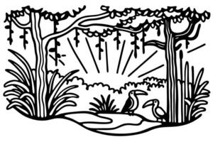 Jungle scene at dawn with toucans and tropical vegetation in black and white illustration vector